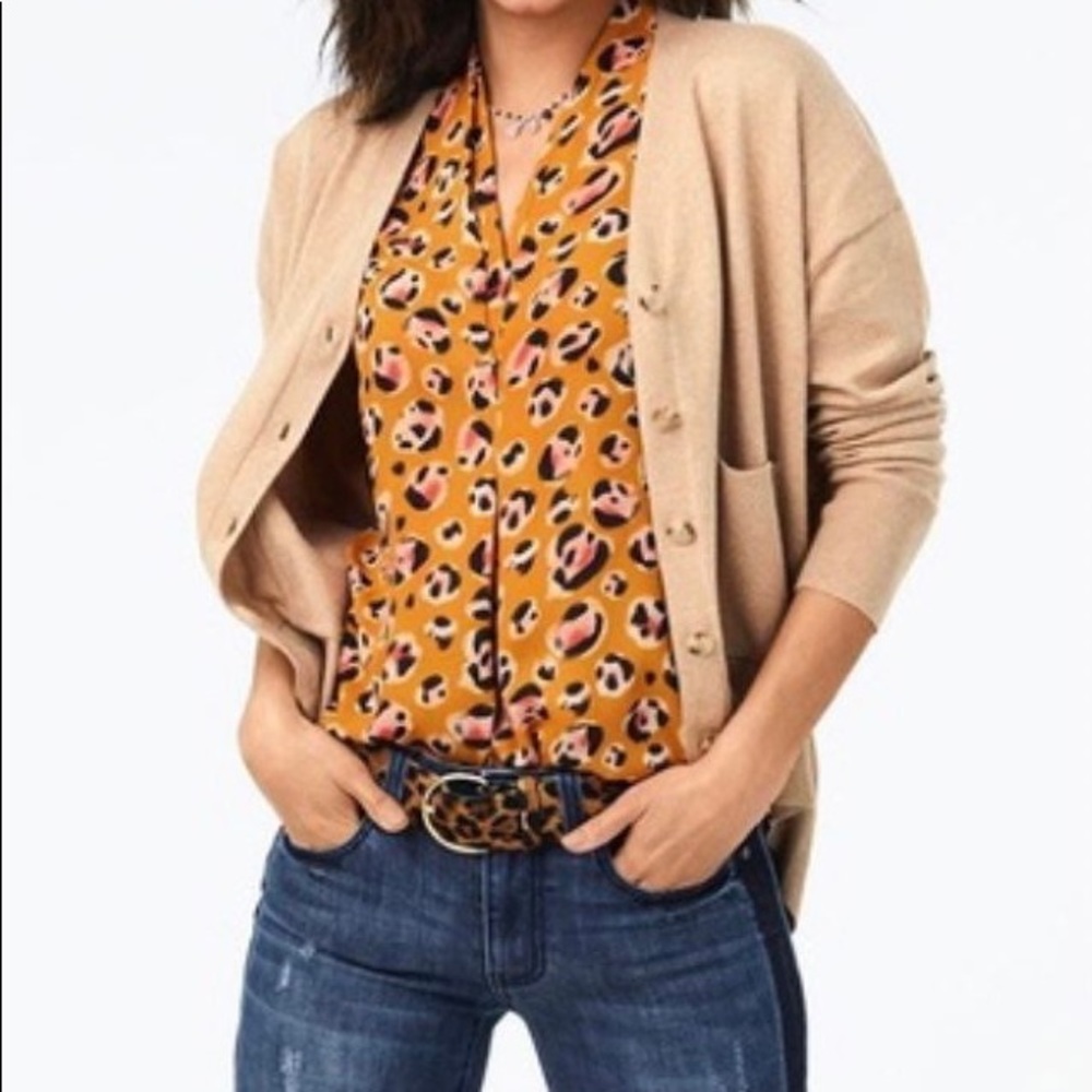 CAbi Tan Cardigan with Orange Leopard Blouse